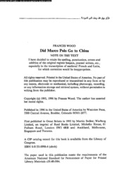 Has Marco Polo Arrived To China By Francis Wood ماركو بولو هل وصل إلى الصين