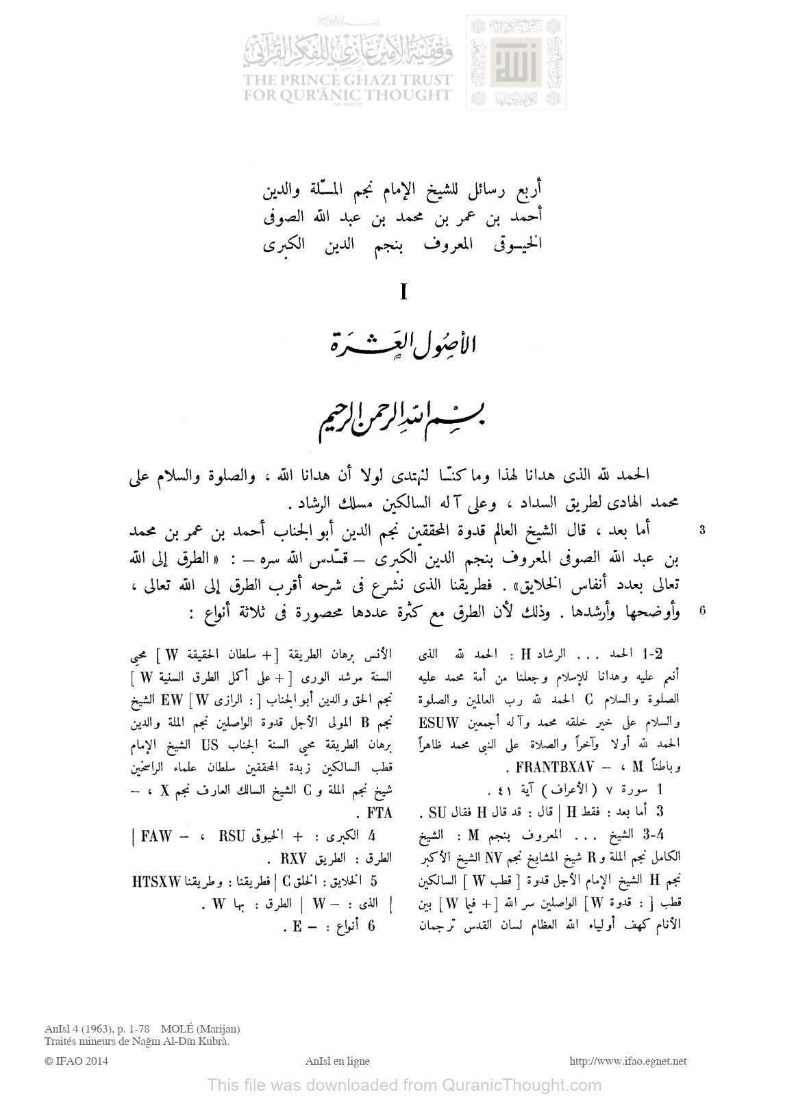رسالة الأصول العشرة للإمام الشيخ نجم الدين الكبرى